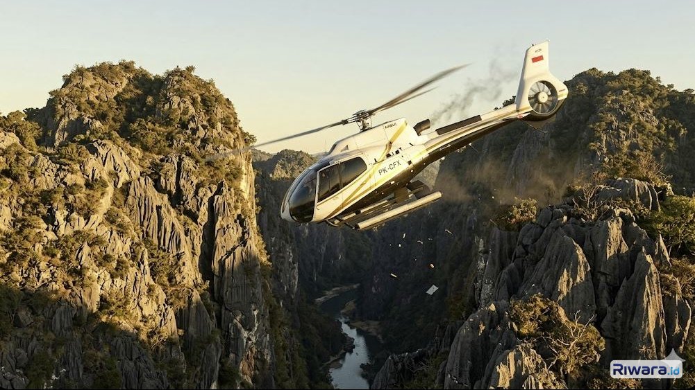 Ilustrasi helikopter PK-CFX yang jatuh, dibuat dengan bantuan Gemini AI